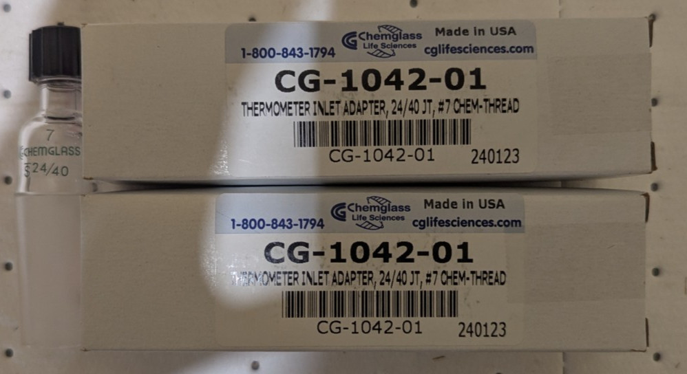 Chemglass Thermometer Inlet Adapter, 24/40, #7 Chem Thread, CG-1042-01, Lot of 2