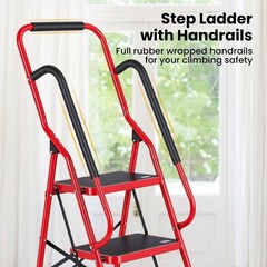 3 Step Ladder with Hankdrails, Portable Folding Step Stool with Safety Lock, Red