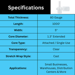 Extended Core Stretch Wrap Shrink Film Clear 5″ x 1000′ 80 Gauge 12 Rolls