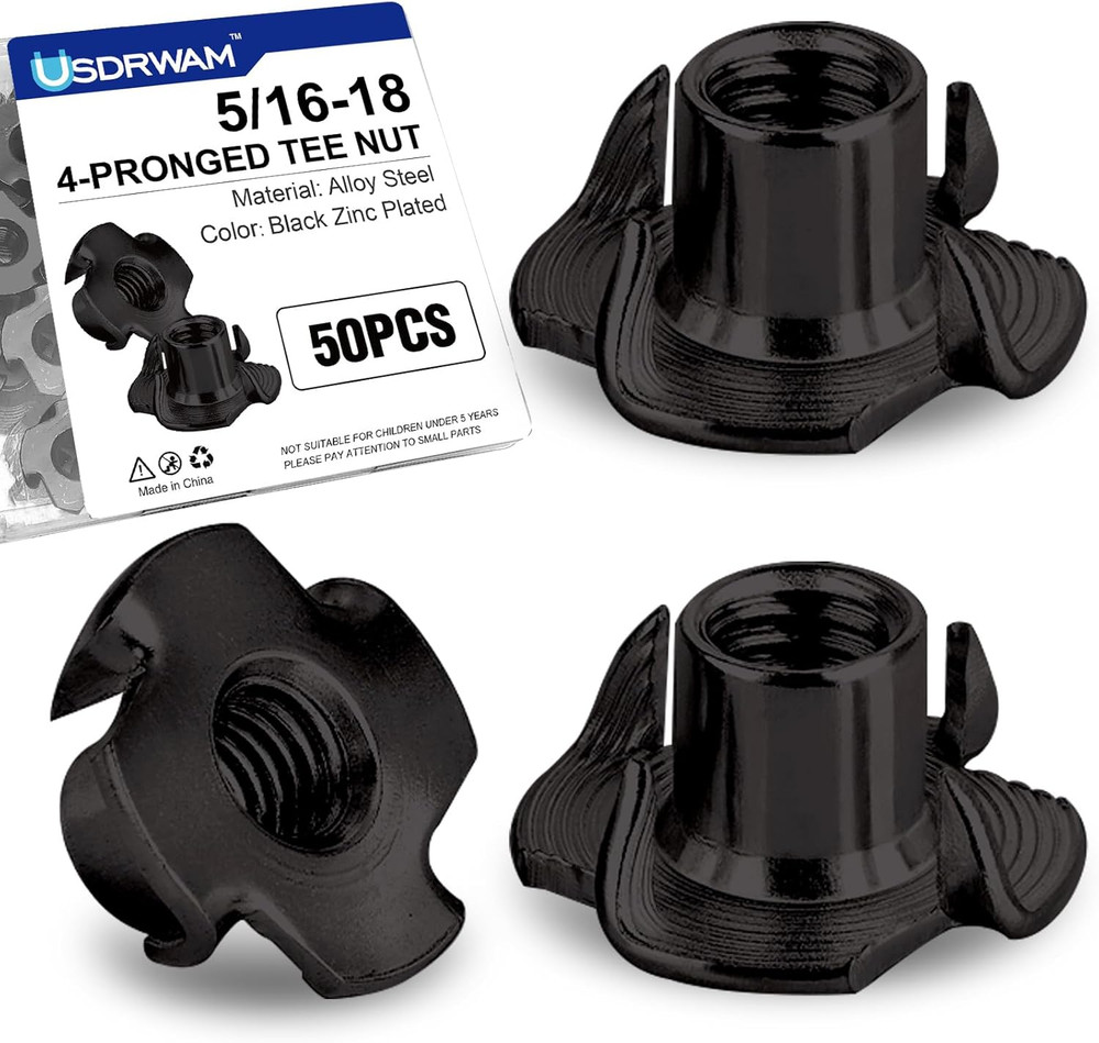 50 Pack 5/16″-18 T Nuts for Wood, Black Carbon Steel 4-Prong Tee Nuts for Fur…