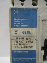 Westinghouse FDB3150 150 Amp 600V 3-Pole Circuit Breaker 150A 3P Cutler Hammer