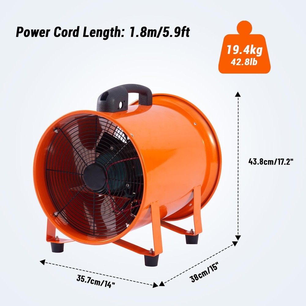 12″/16″ Utility Blower Fan Ventilator Exhaust Fan 3500 CFM 16.4/32.8ft Duct Hose