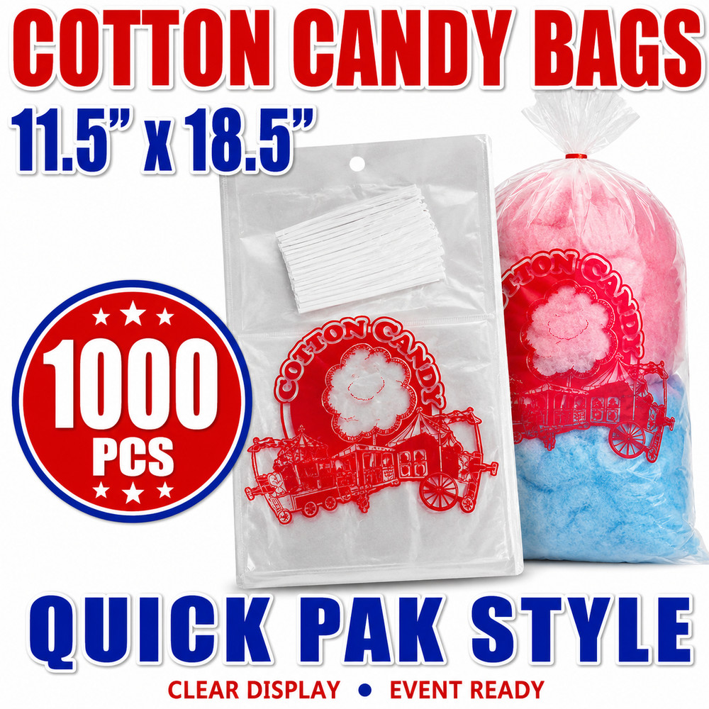 Printed Cotton Candy Bags 11.5×18.5 Quick Pak Clear Plastic Bags Twist Ties