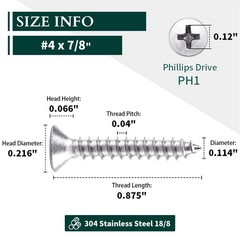 #4 x 7/8″ (100 pcs) Flat Head Sheet Metal Screws, 304 Stainless Steel (18-8), Ph