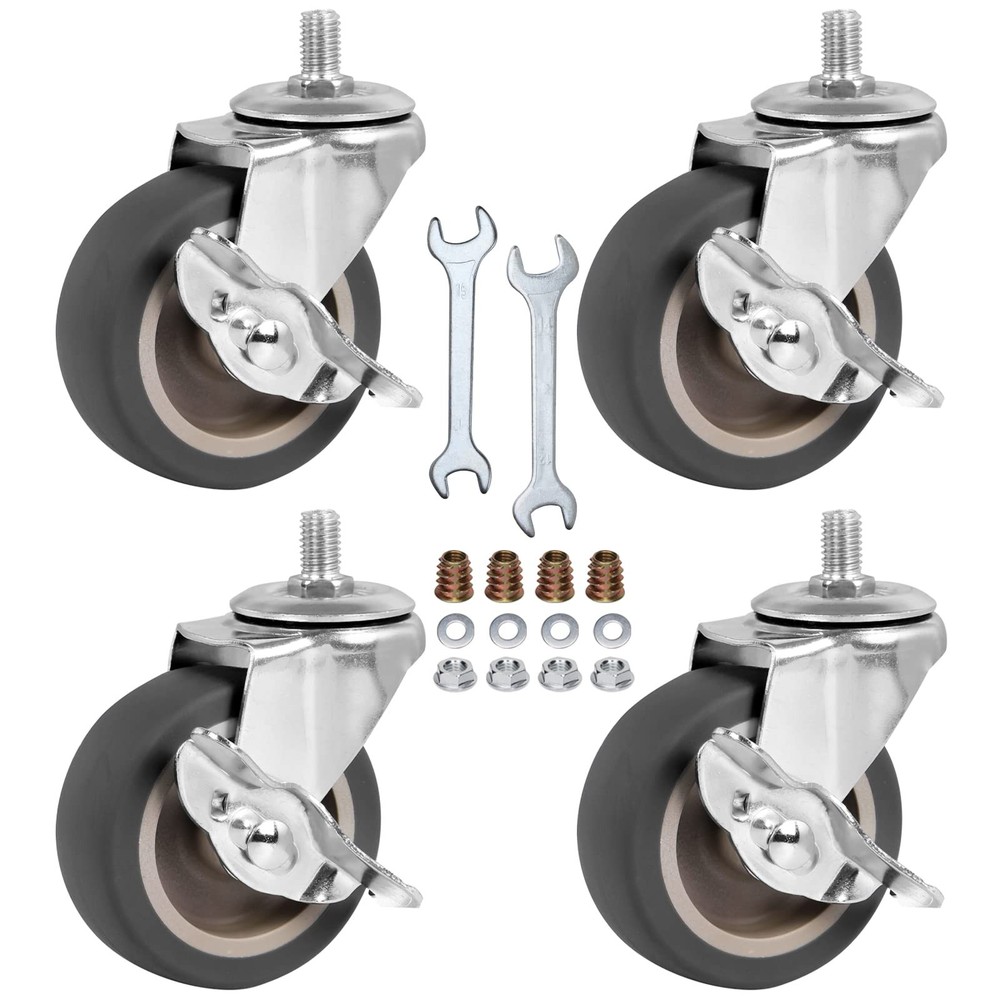 Heavy Duty 3″ Stem Casters Set of 4 with Brake M8-1.25-15 Swivel Wheels