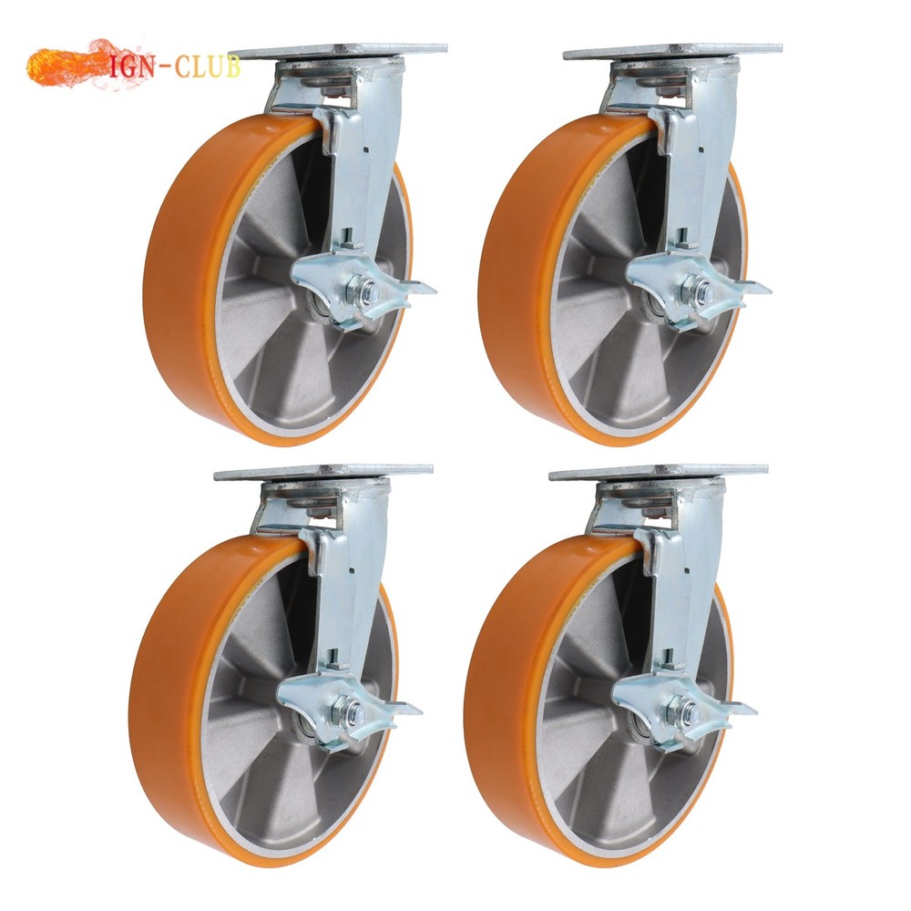 4 Pcs 8″ Aluminum Core Industrial Casters Caster Wheel With Brake 6000lbs Orange