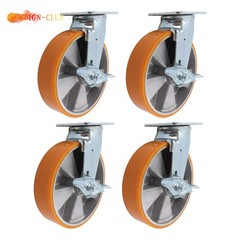 4 Pcs 8″ Aluminum Core Industrial Casters Caster Wheel With Brake 6000lbs Orange