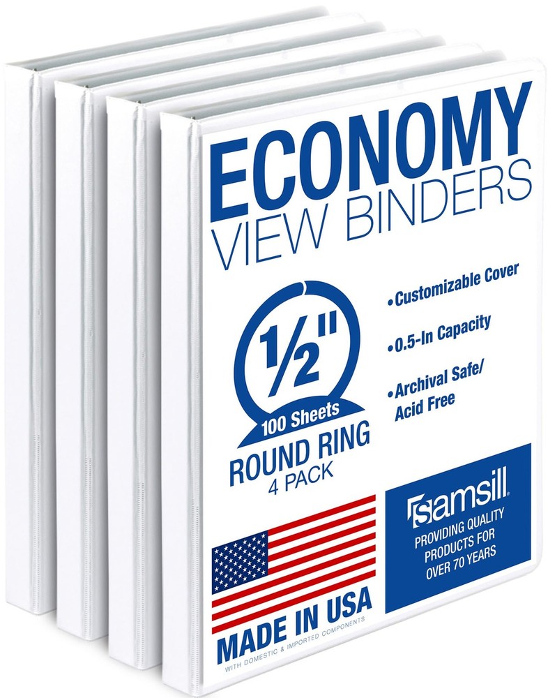 Samsill 0.5 Inch 3 Ring Binder, Economy Round Ring, Clear View 4-Pack, White