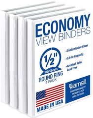 Samsill 0.5 Inch 3 Ring Binder, Economy Round Ring, Clear View 4-Pack, White
