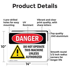 (2 Pack) Do Not Operate This Machine Unless Authorize OSHA Danger Sign Decal
