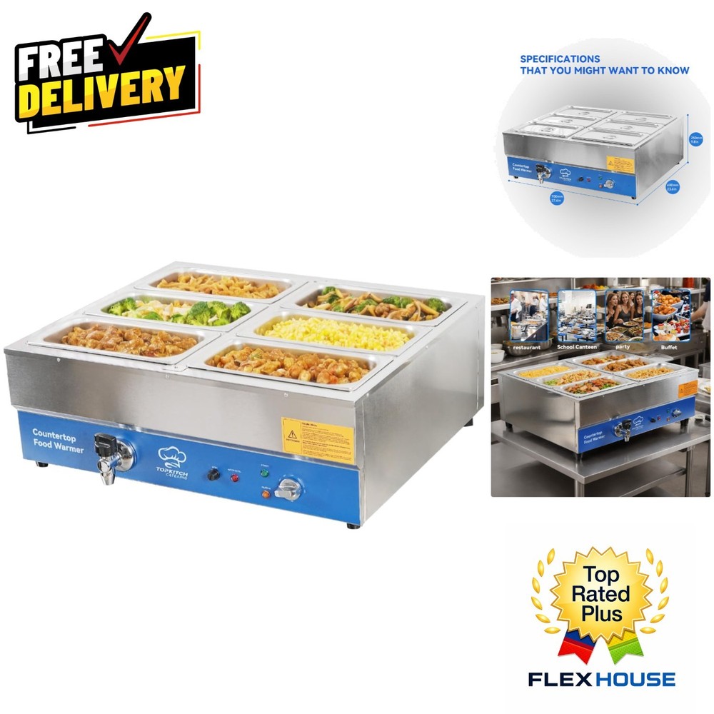 Listed 6 Pan Stainless Steel Food Warmer – 1700W Bain Marie for Catering