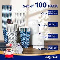 JOLLY CHEF 16oz Disposable Coffee Cups w/ Lids, Sleeves & Stirrers 100-Pack