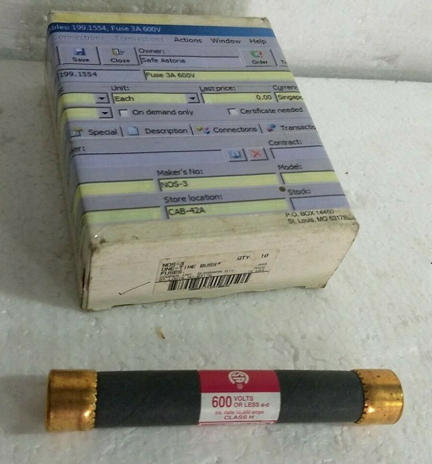 Buss Fuses 3A 600V One Time Buss Cooper Ind. Bussmann Div. 10 pcs per box
