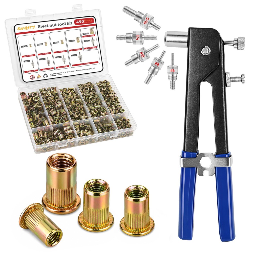 Rivet Nut Tool Kit,490PCS SAE Carbon Steel Rivnut Assortment with Rivet Nut ,…