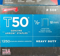 Arrow #508 T50 1/2-Inch (12mm) Heavy Duty Staples, 1250-Count NEW