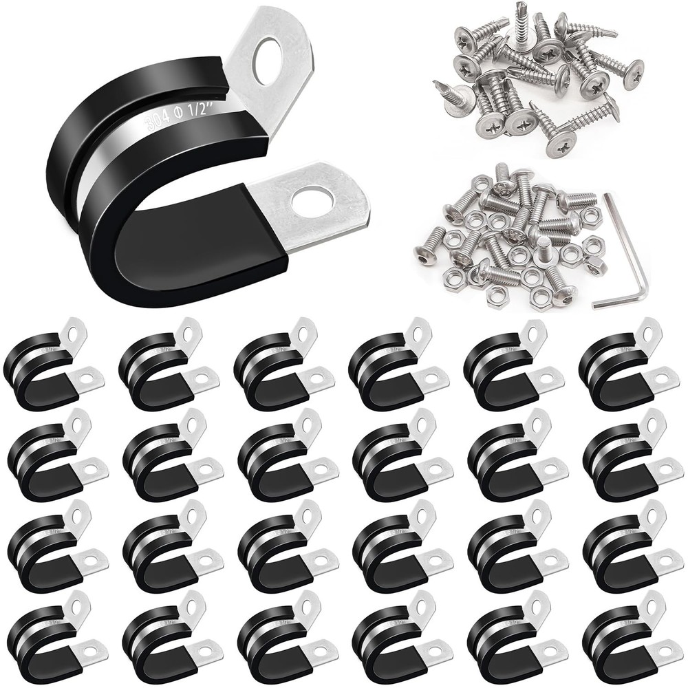 50PCS 1/2 Inch Cable Clamps Stainless Steel Rubber Cushion Insulated Wire Clamp