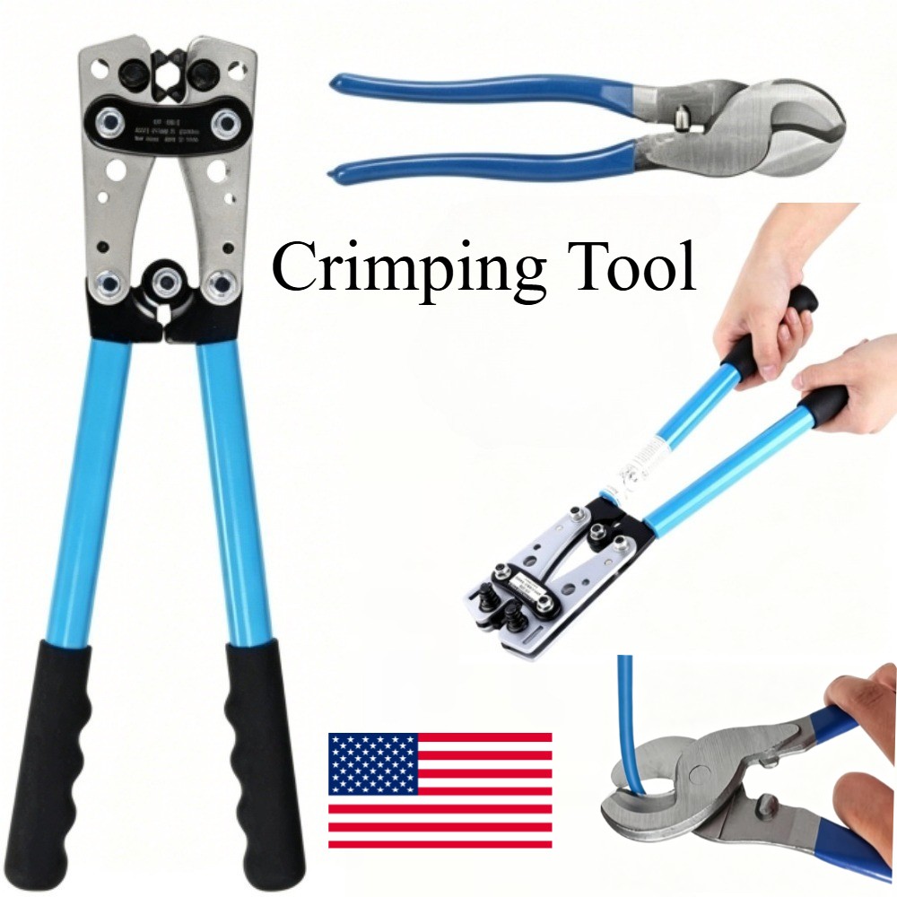 2 Piece Battery Cable Lug Crimping Tool Wire Crimper Tool with Cable Cutter US