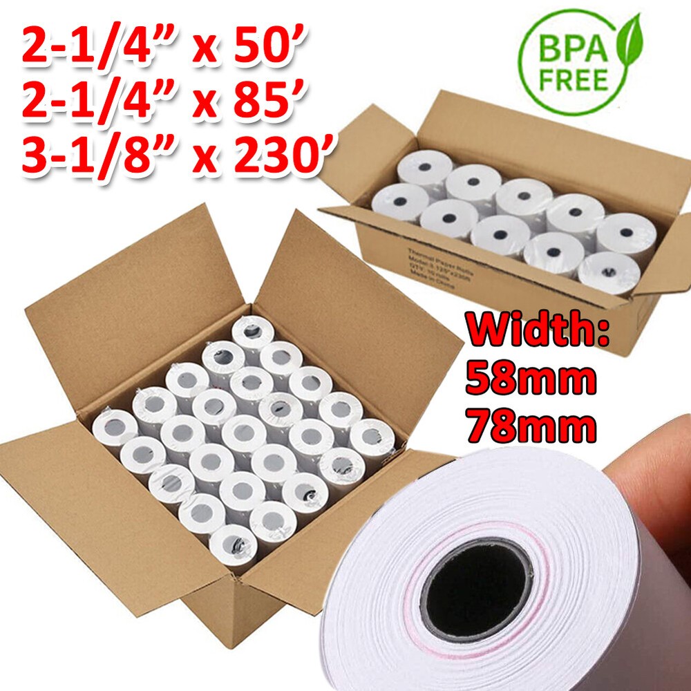 2 1/4″ x 50′ 85′ 3 1/8″ x 230′ Thermal Receipt Paper Credit Card Cash Register