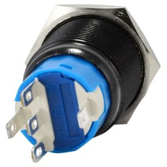 19mm Stainless Steel Latching Push Button Switch (Black with Blue LED)