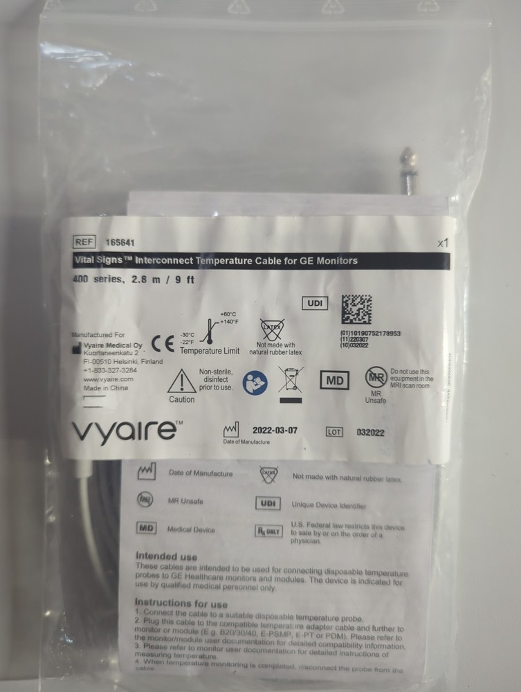Vyaire Vital Signs Interconnect Temperature Cable For GE Monitors # 165641