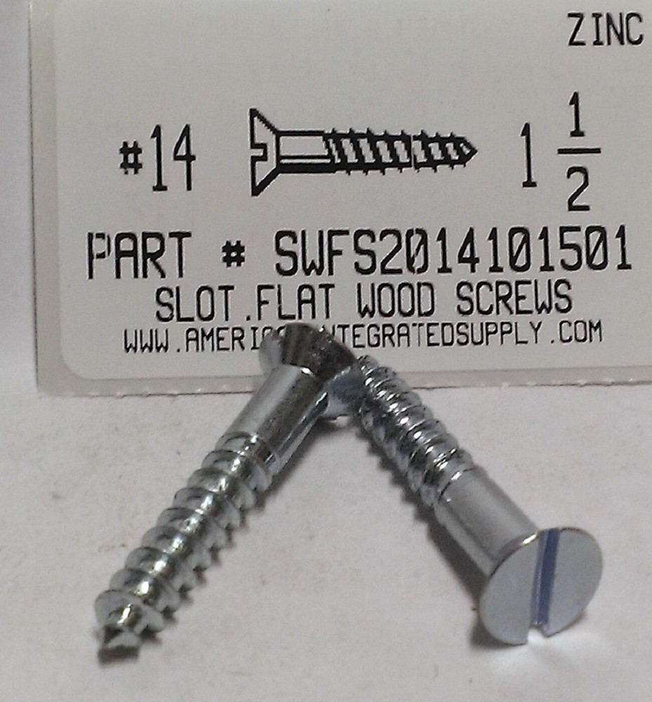 #14×1-1/2 Flat Head Slotted Wood Screws Steel Zinc Plated (20)