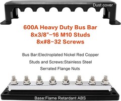 600A Battery Bus Bar 8 Way Copper Terminal Block M10 Studs with Cover Red Black