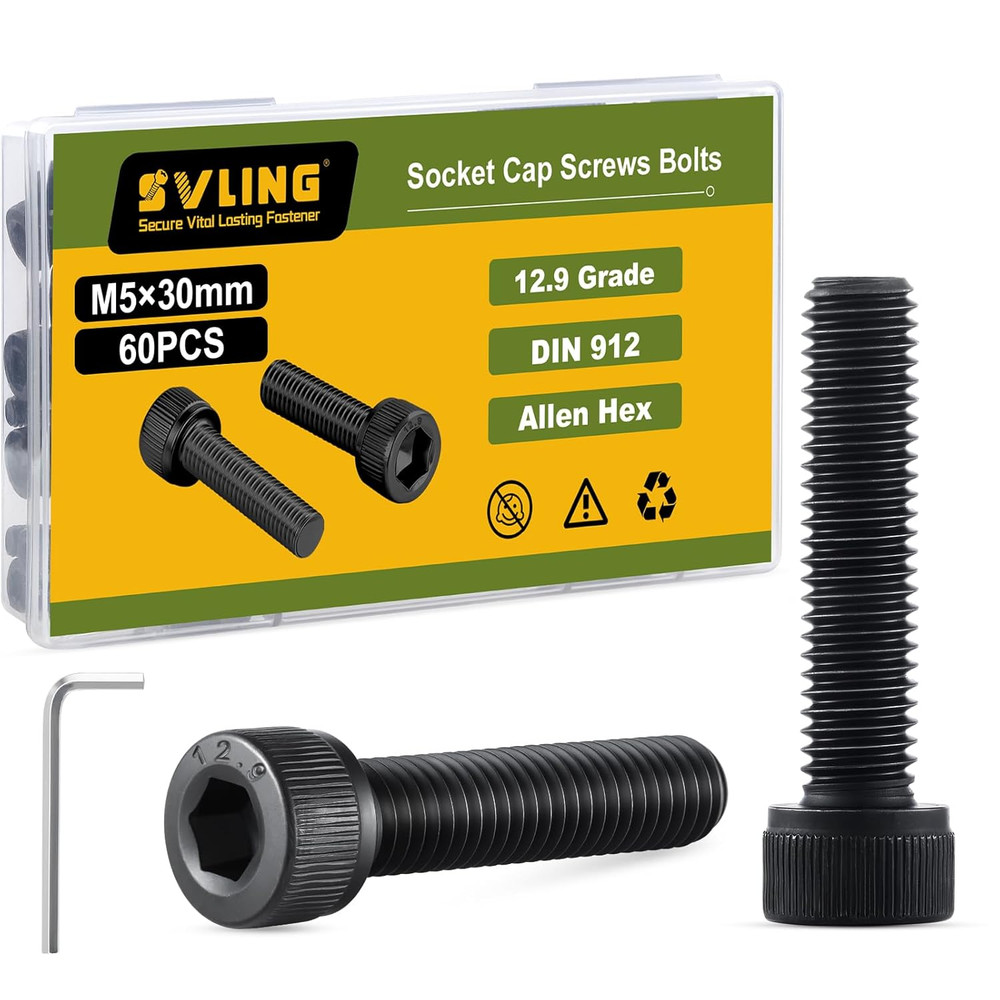 M5-0.8 X 30Mm Bolt, 60PCS M5 Hex Socket Head Cap Screws Bolts, 12.9 Grade Alloy