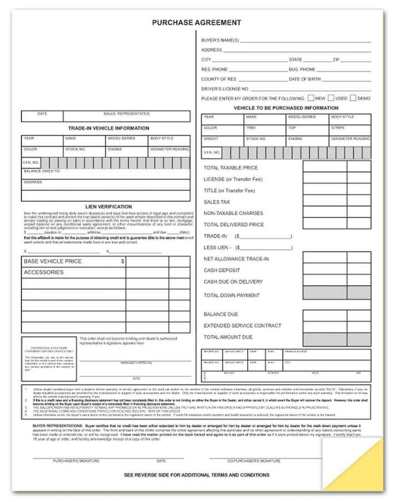 Vehicle Purchase Agreement Forms 2-Part 100 per Pack