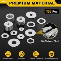 108PCS 304 Stainless Steel Fender Flat Washer Assortment Kit M3-M12 12 Sizes