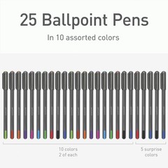 Pentonic 25 Count 1.0mm Ballpoint Pens Set 10 Assorted Colors for Writing