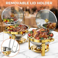 4 PCS 9Qt Round Chafing Dish Buffet Set 316 Stainless Steel Gold W/Glass Lids