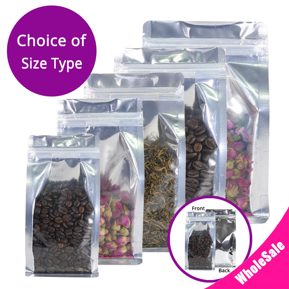 Variety Sizes Clear Front Silver Back Mylar Gusset Side Stand up Zip Lock Bag M3