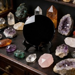 Fhnp367 Large Black Obsidian Scrying Mirror Stand Round Smoth Natural Crystal