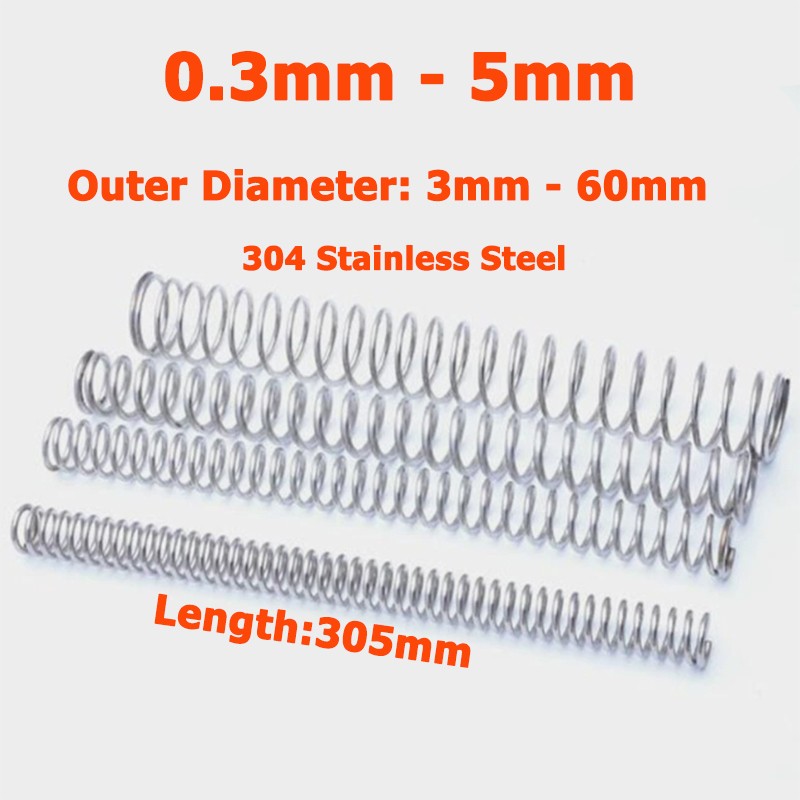304 Stainless Steel Compression Pressure Spring Wire Dia 0.3mm-5mm Length 305mm