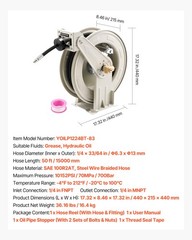 VEVOR Grease Hose Reel 1/4 in x 50 ft Retractable Spring Driven Auto Rewind