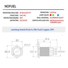 19mm Waterproof LATCH ON/OFF Stainless Steel Push Button Switch 12V LED