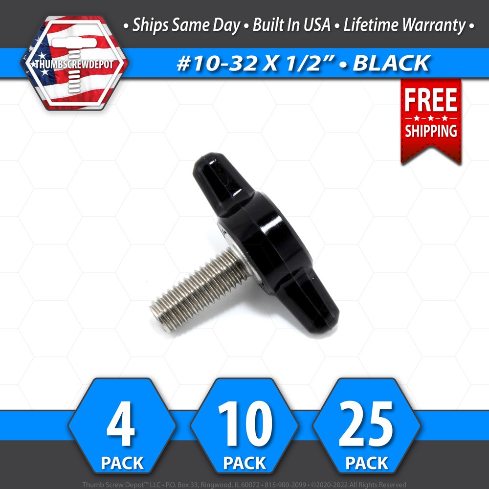#10-32 x 1/2″ Thumb Screw Stainless Steel – Black Tee / Wing Knob – USA