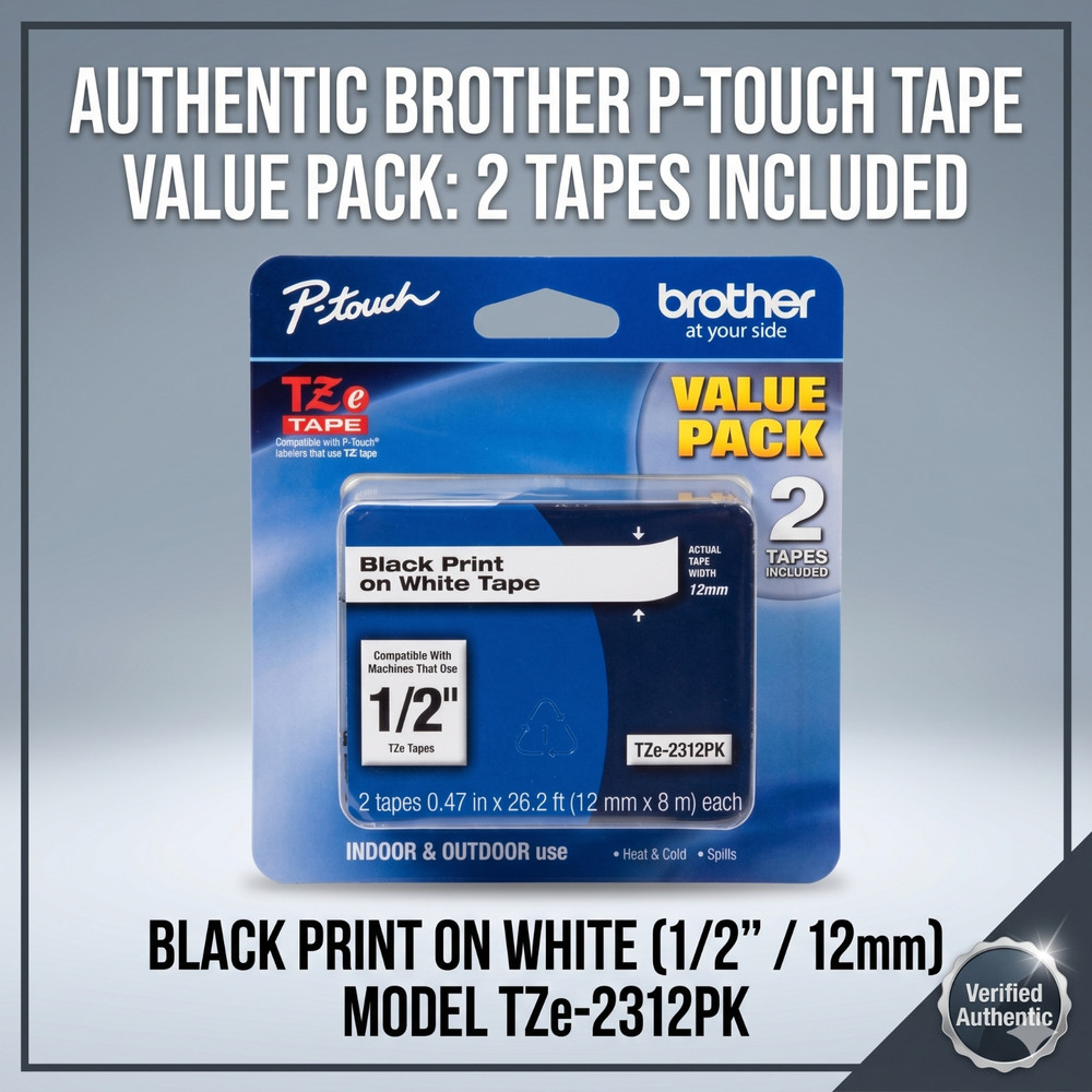 NEW Brother TZe-2312PK P-Touch Label Tape Black on White 1/2″ 12mm Value 2 Pack