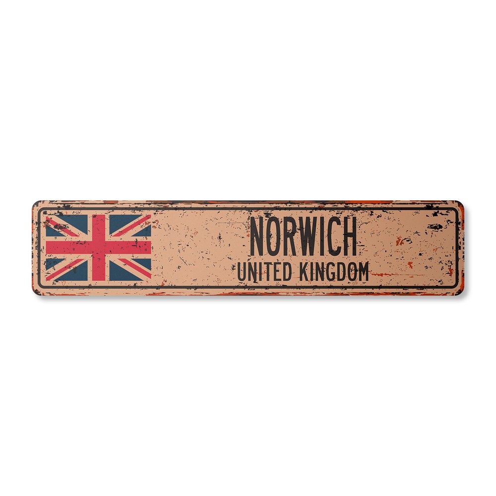 NORWICH UNITED KINGDOM Vintage Street Sign British Britons Brits flag city rust