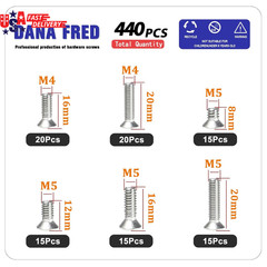 440 Pieces Flat Hex Socket Head Cap Screws Kit 304 Stainless Steel M3 M4 M5 Metr