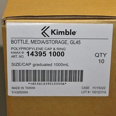 (10) Kimble Media Bottles 14395-1000, 1L / 1000mL, Borosilicate Glass, GL45 Cap