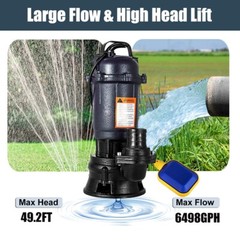 2HP Submersible Sump Pump 1500W Cast Iron Sewage Pump 6498GPH w/26ft Cord 220V