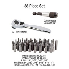 Sunex 9726 Mini Ratchet and Bit Set, 1/8-Inch – 1/4-Inch S2 38 Piece, Silver