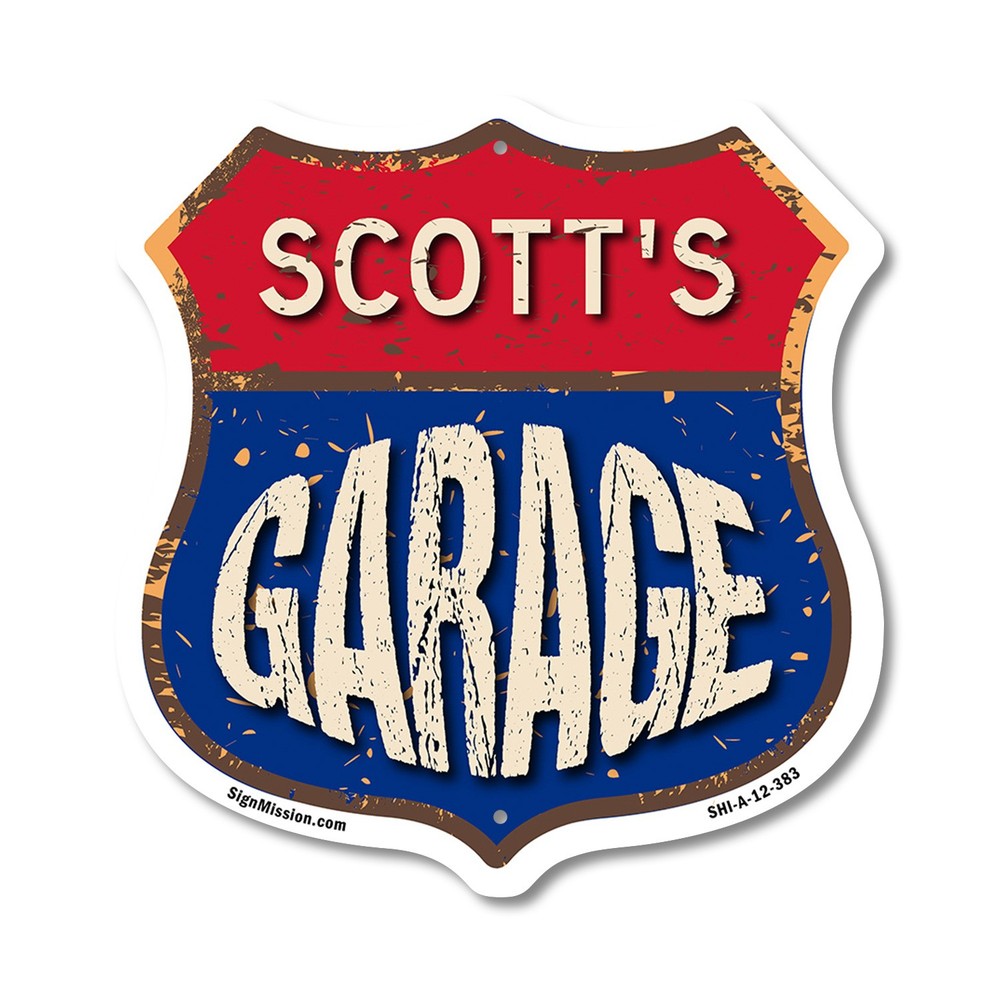 Scott’s Garage Shield Shaped Sign Weather Resistant Crafted in the USA