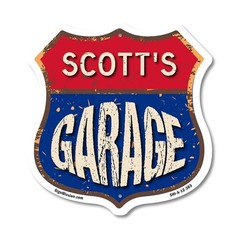 Scott’s Garage Shield Shaped Sign Weather Resistant Crafted in the USA