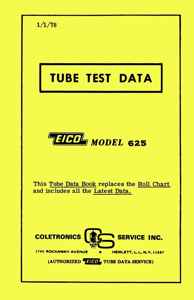 1978 Tube Test Data for Eico 625 Tube Testers