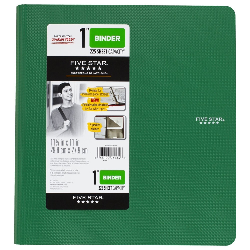Five Star 1 Inch 3 Ring Binder, Plastic, Green (38898) 1″ Ring,