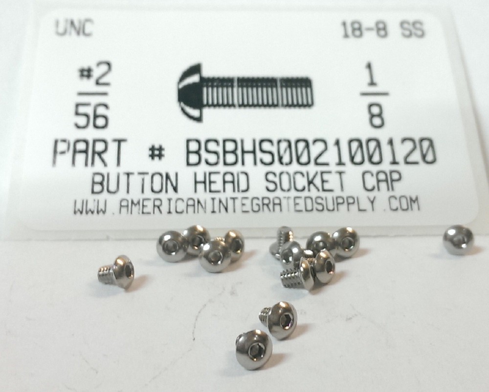 #2-56×1/8 Button Head .050″ Hex Socket Cap Screws 18-8 Stainless Steel (50)