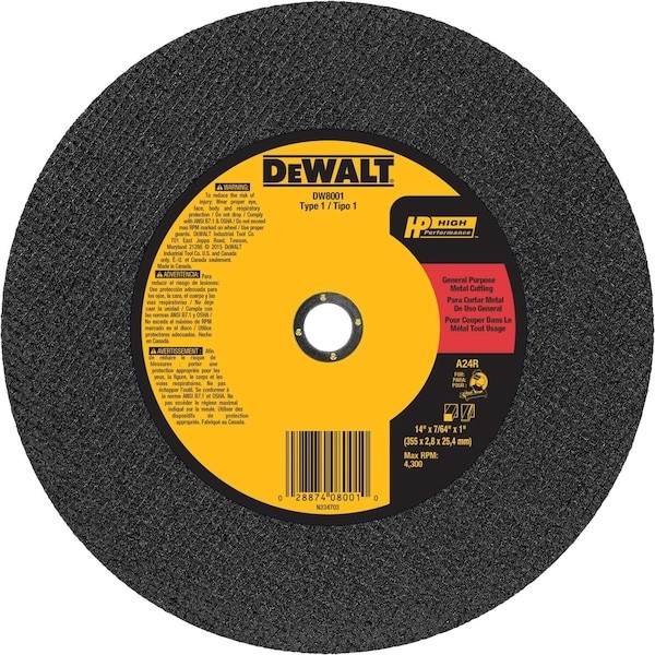 DeWALT 14″ x 7/64″ x 1″ Metal Cut-Off Wheel, 24 Grit, Aluminum Oxide DW8001