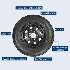 2-Pack ST175/80D13 Trailer Tire Rim 5 Lug 4.5 PCD Load C 6PR Black
